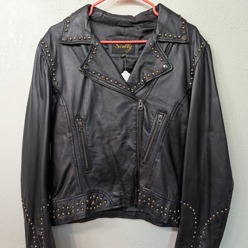Scully Black Leather Motorcycle Jacket with Studded Details